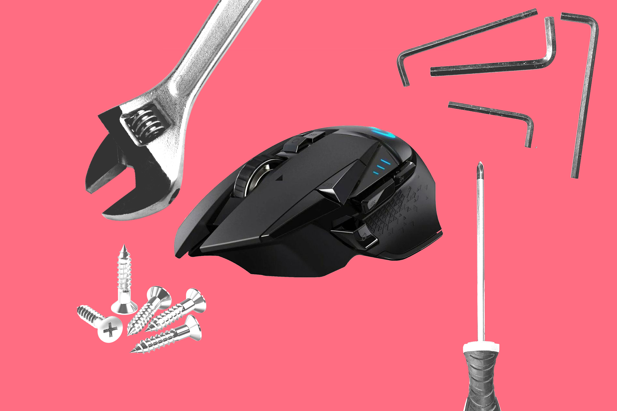 A Logitech G502 Lightspeed mouse, black, rakish angles of its buttons toward the camera, surrounded by screws, an adjustable wrench, a precision screwdriver, and several hex keys.