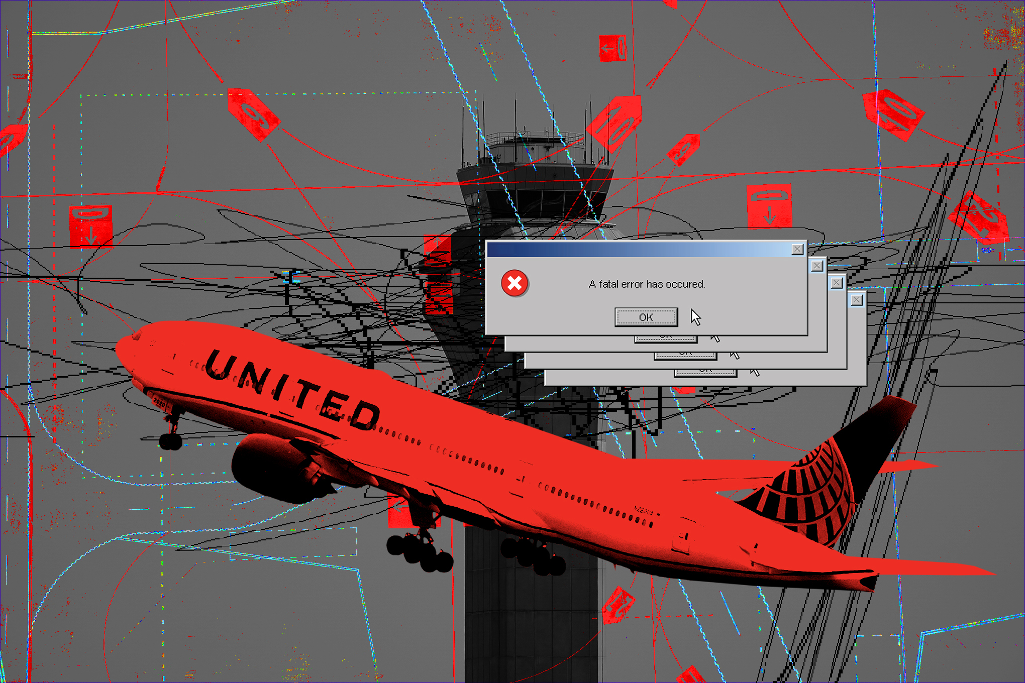 illustration of United plane against a backdrop of error messages and an air traffic control tower