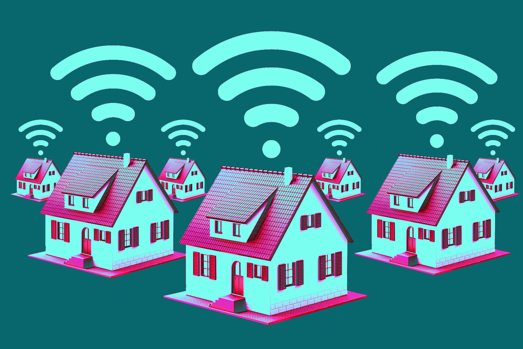 A group of houses with a Wi-Fi symbol above them.