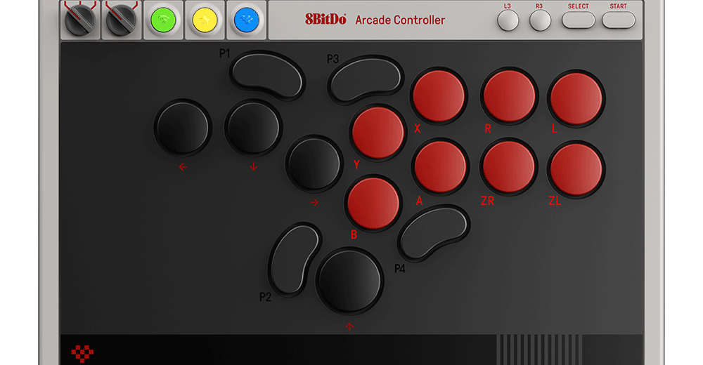 An alternating GIF showing the labels changing on 8BitDo’s leverless Arcade Controller.