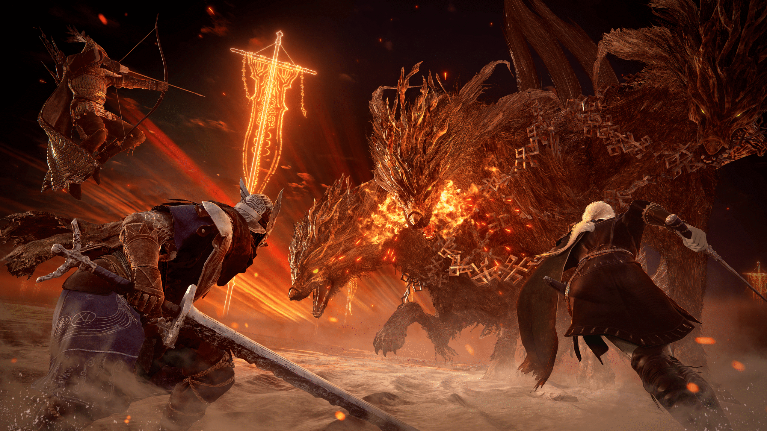 Screenshot from Elden Ring Nightreign featuring three Nightfarers facing off against a giant three-headed wolf creature in a wasteland of red.