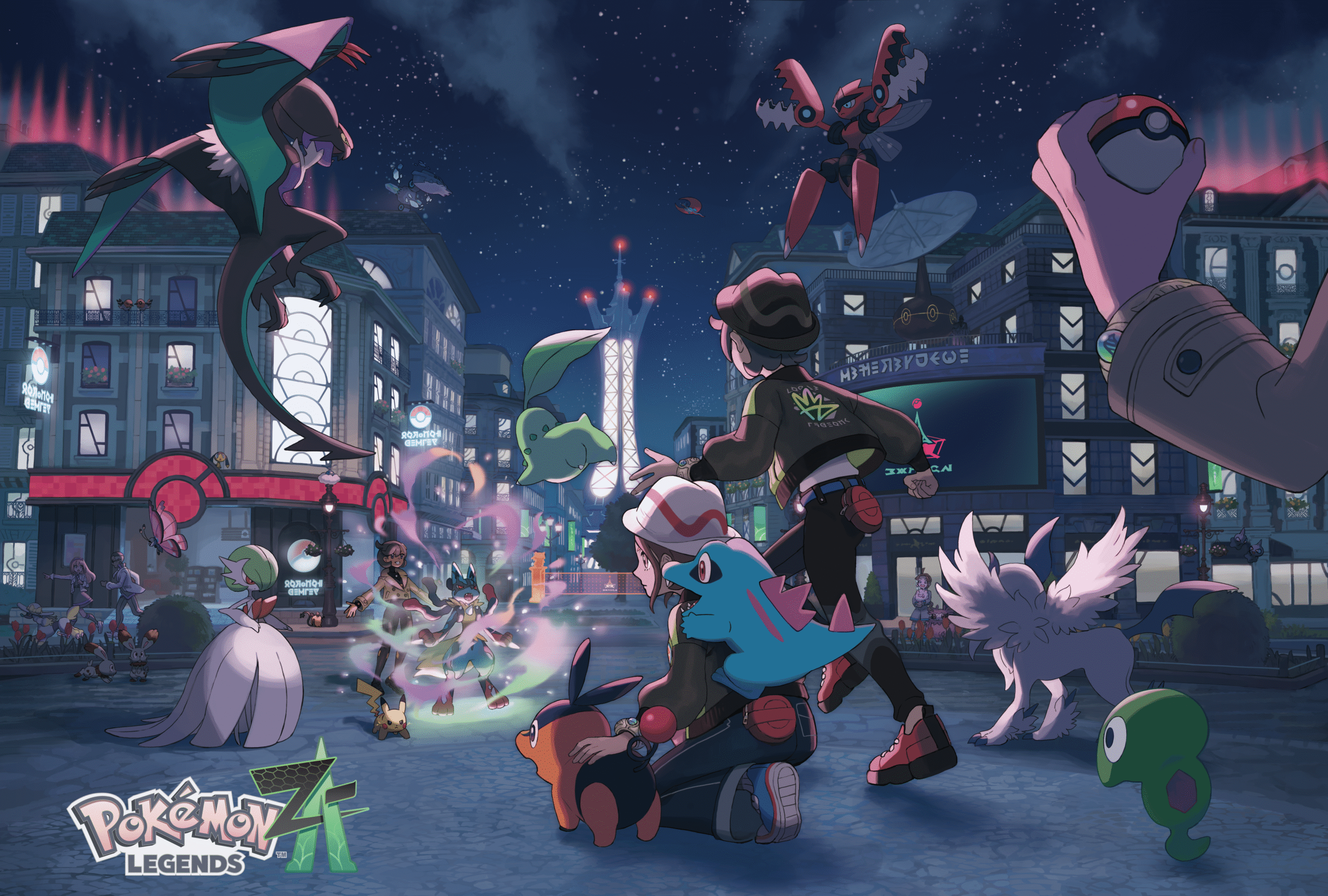 An illustration of a bustling city center at night where multiple humans and fantastical creatures are roaming around.