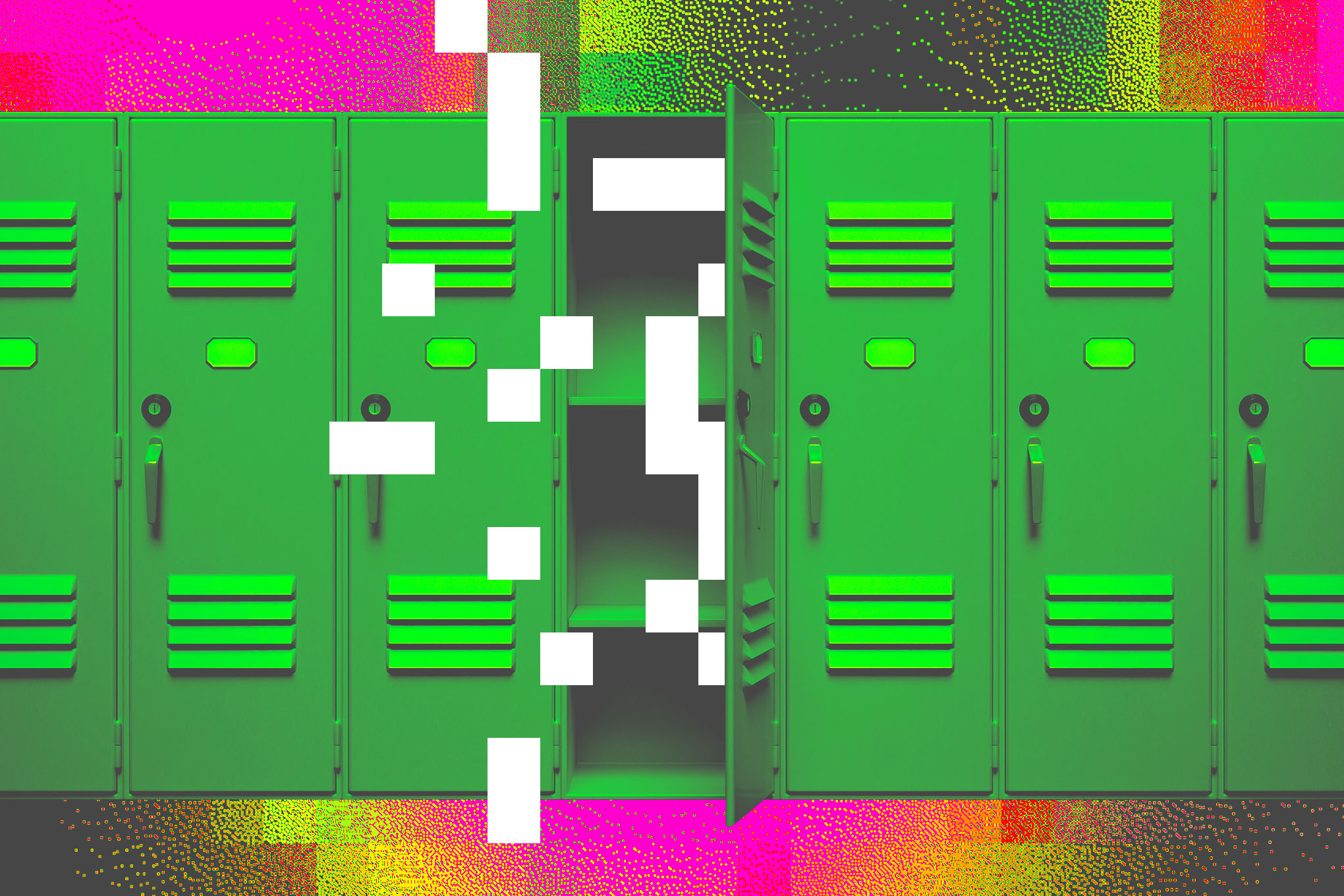 An image showing green lockers, with pixelated blocks coming out of one of them.