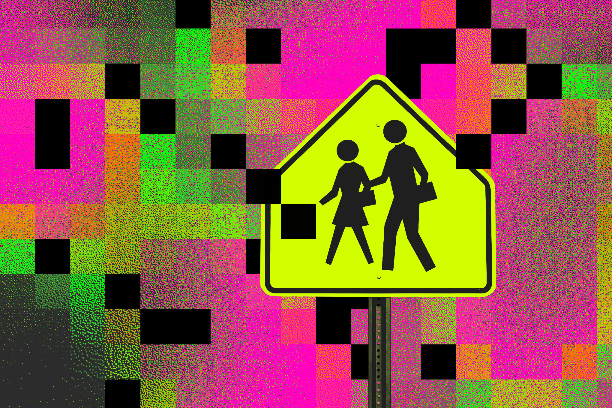 An image showing a school crossing sign on a pixelated background.