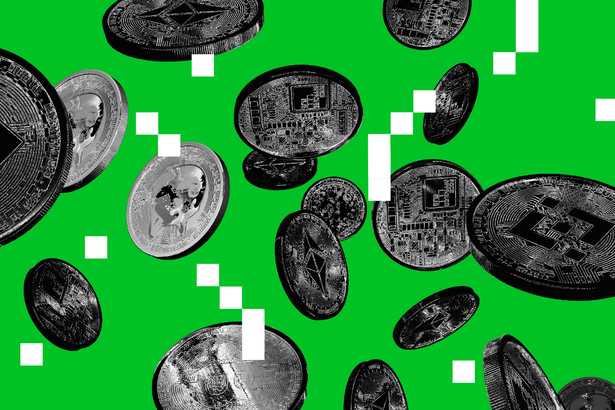 Art depicts coins floating against a green screen overlaid with white pixels.