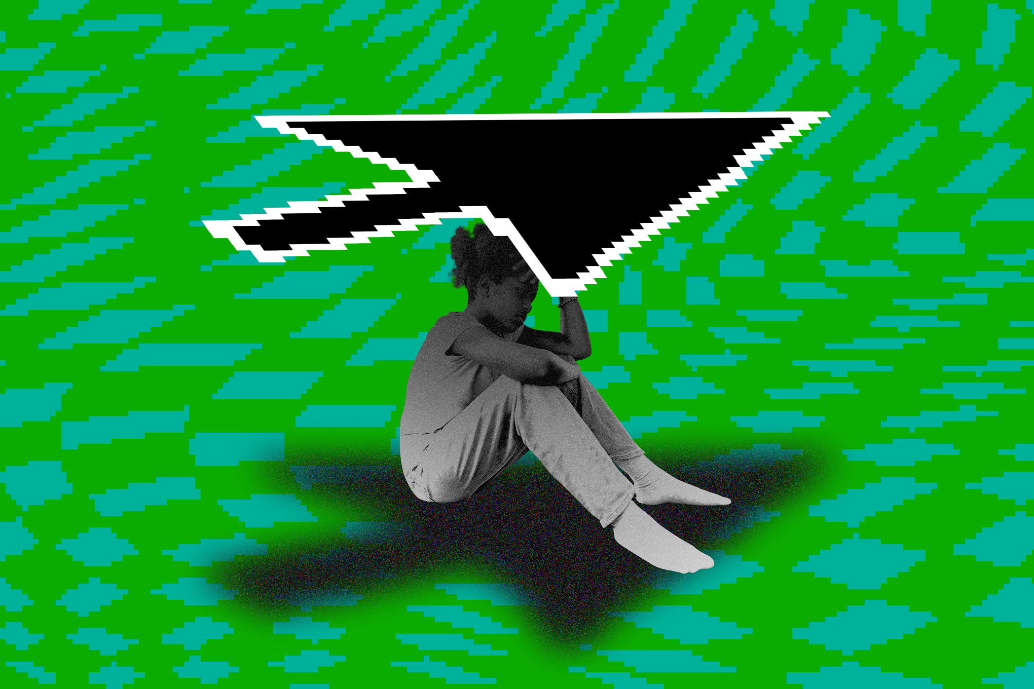 Photo collage of a mouse cursor leaving a shadow over a teenager.