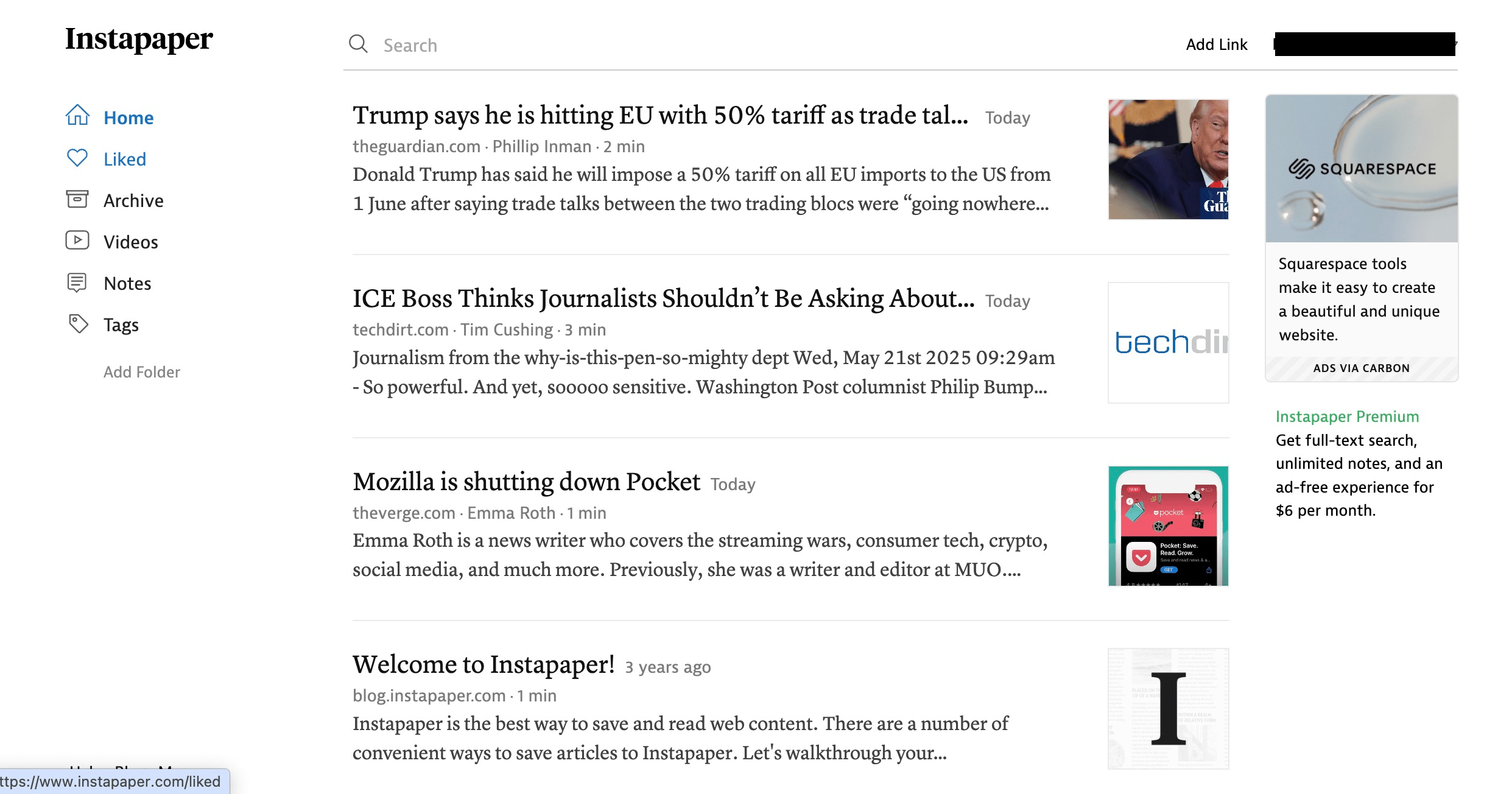 Main page of Instapaper, showing a list of articles.