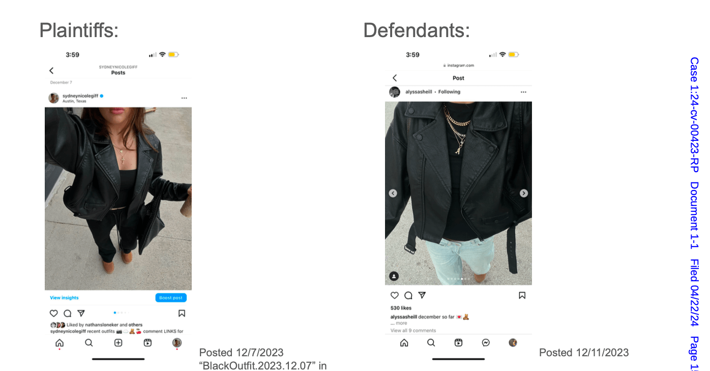 Court documents showing the two influencers posing in leather jackets. Gifford claims Sheil copied her; Sheil’s attorneys say she took the photo first.