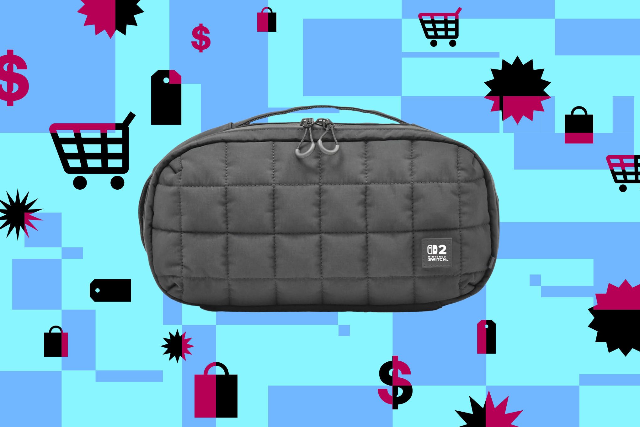 An image of Hori’s Puff Pouch for the Nintendo Switch 2 in front of a background consisting of multiple shades of blue and symbols, representing shopping carts and price tags.
