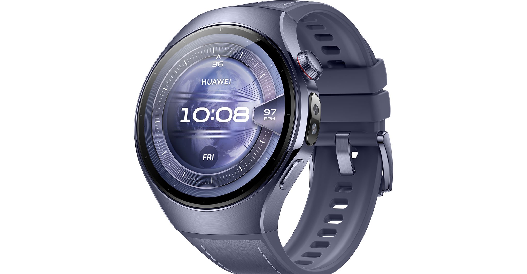 Render of Huawei Watch 5 in 46mm titanium in purple. The purple looks more blue-gray. 