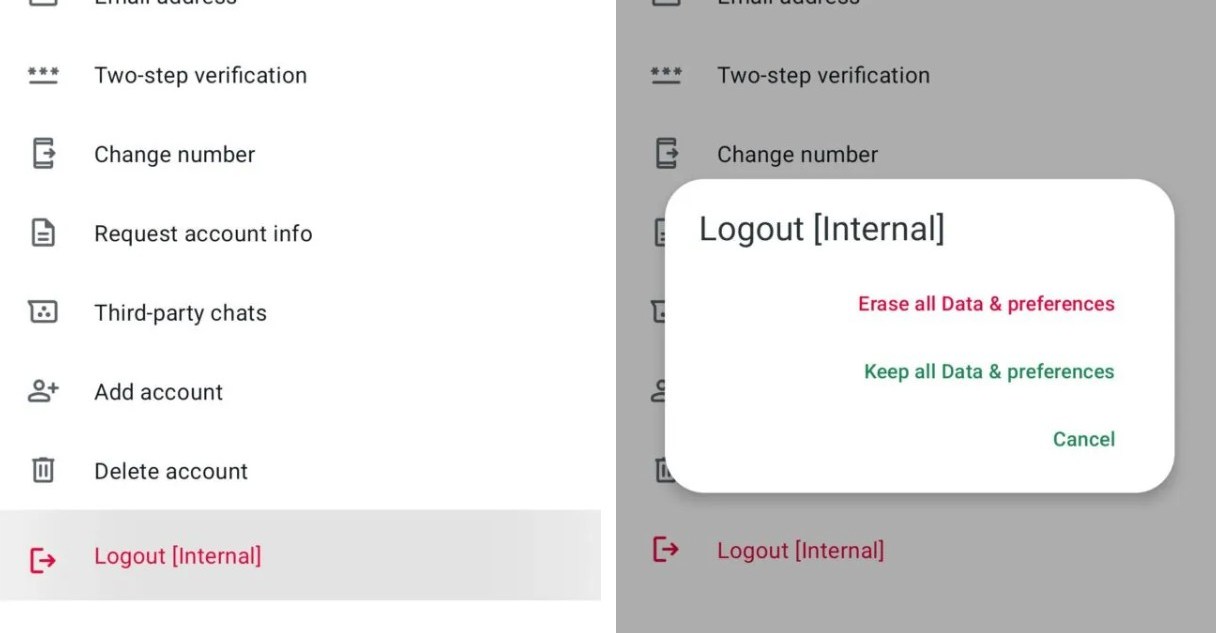 The log out option in the WhatsApp 2.25.17.37 beta release.