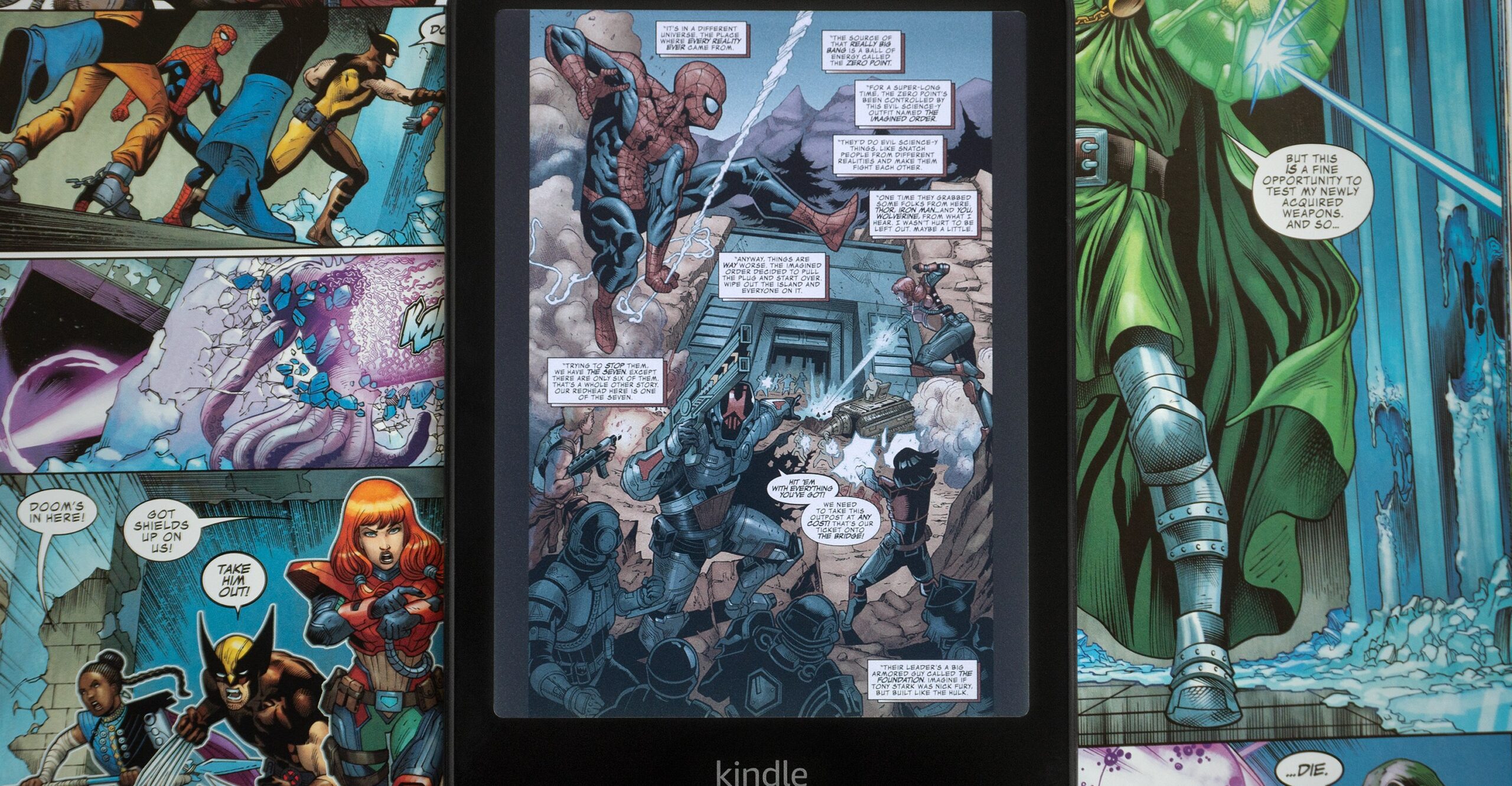 The Amazon Kindle Colorsoft e-reader sitting on top of a comic book.