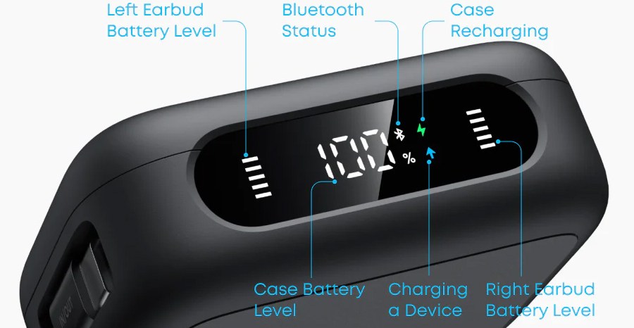 A close-up of the status screen on the Anker Soundcore P41i earbuds’ charging case.