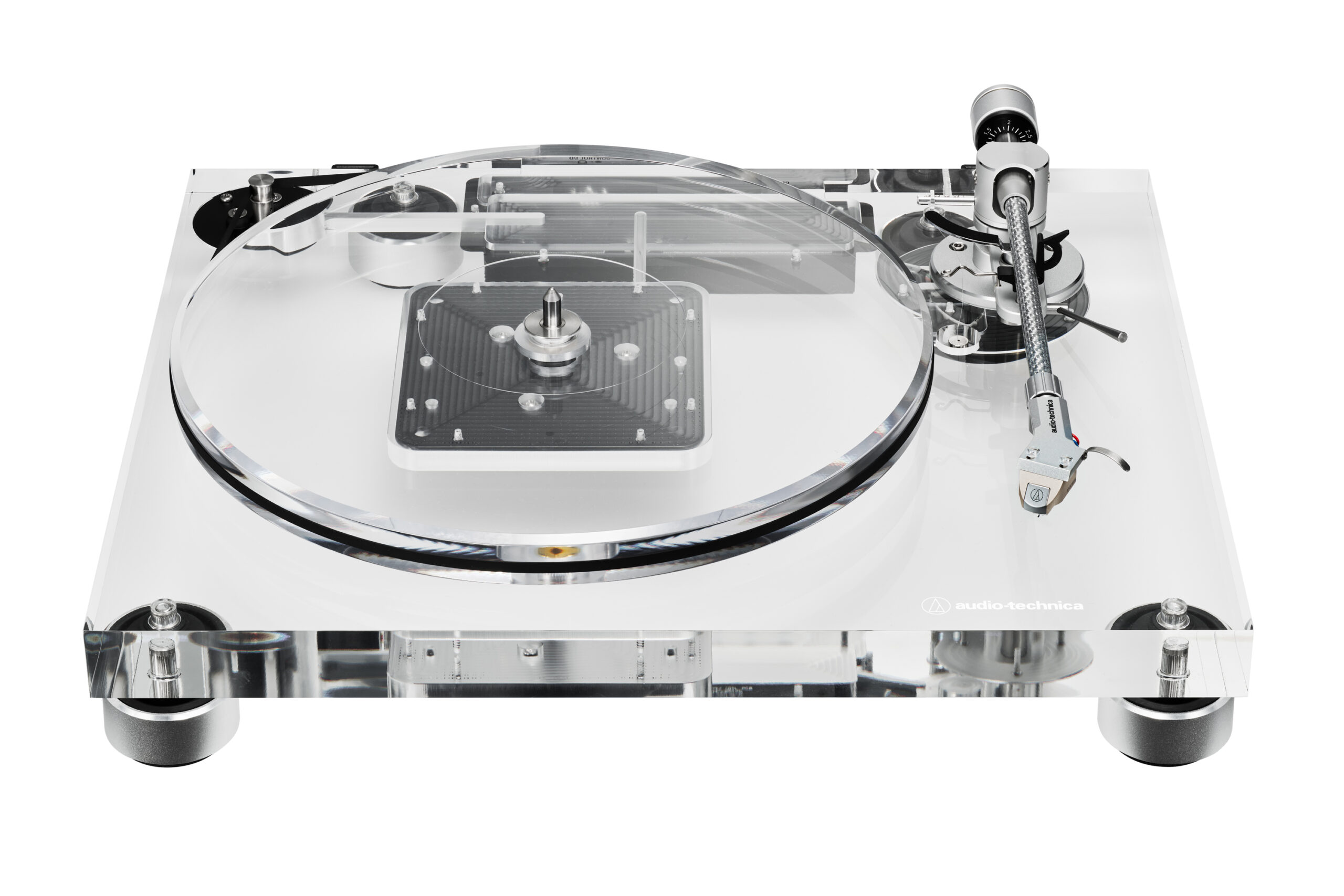 The Audio-Technica transparent AT-LPA2 turntable against a white background.