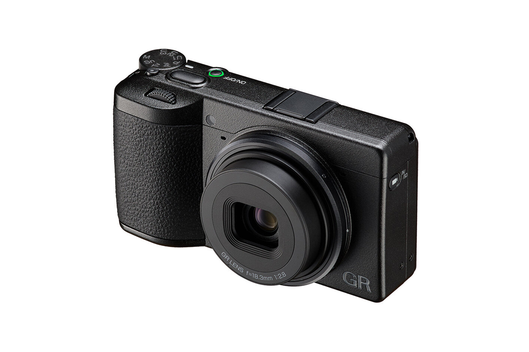 The Ricoh GR IV camera from an isometric view on a white background.