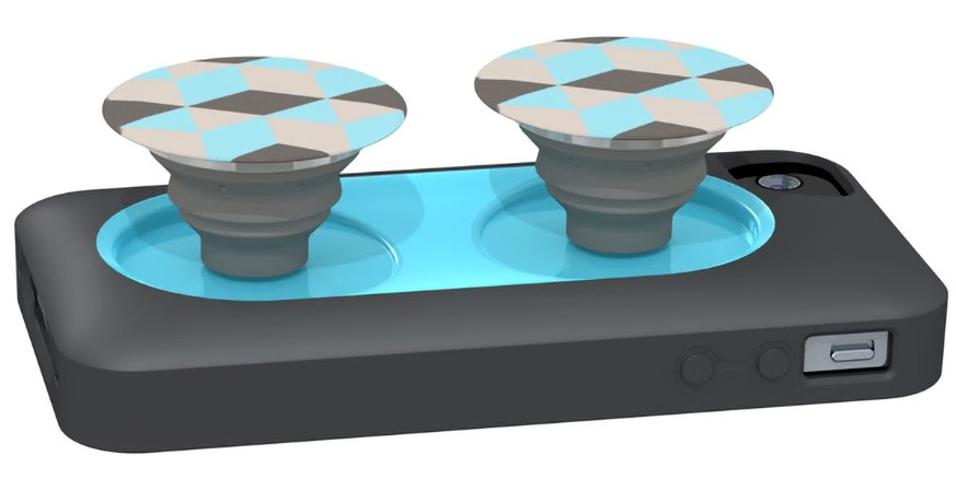 A render of the original version of the PopSockets product designed as an iPhone case with two grips.