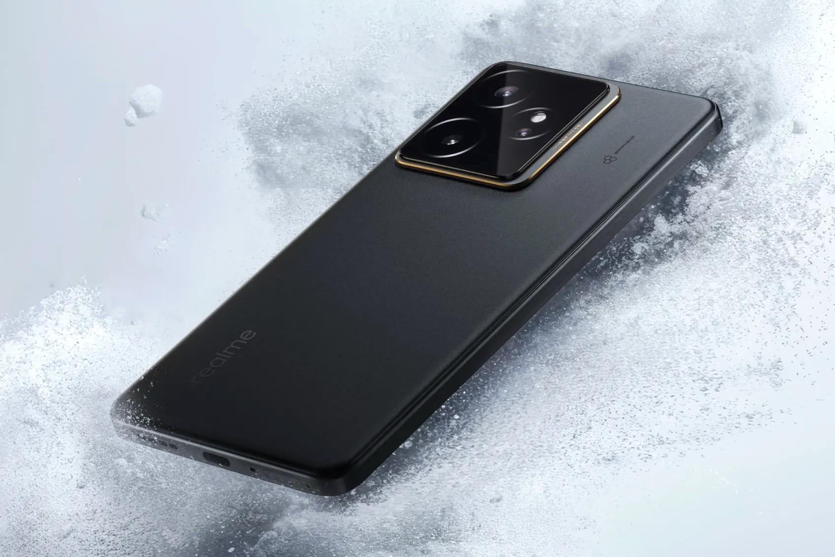 The Realme GT 7 in a black finish surrounded by a cloud of white powder.