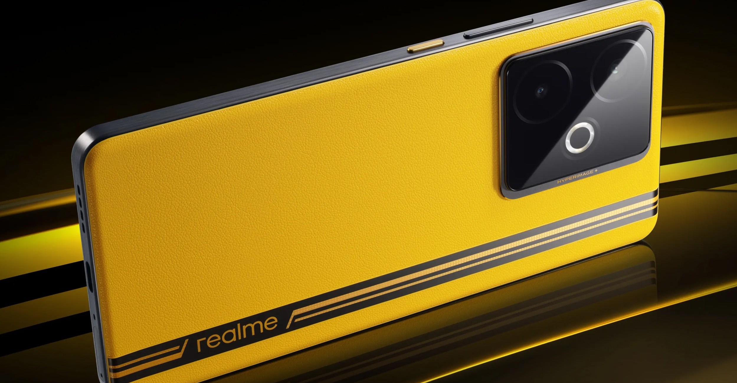 The Realme GT 7T pictured in its yellow color option.