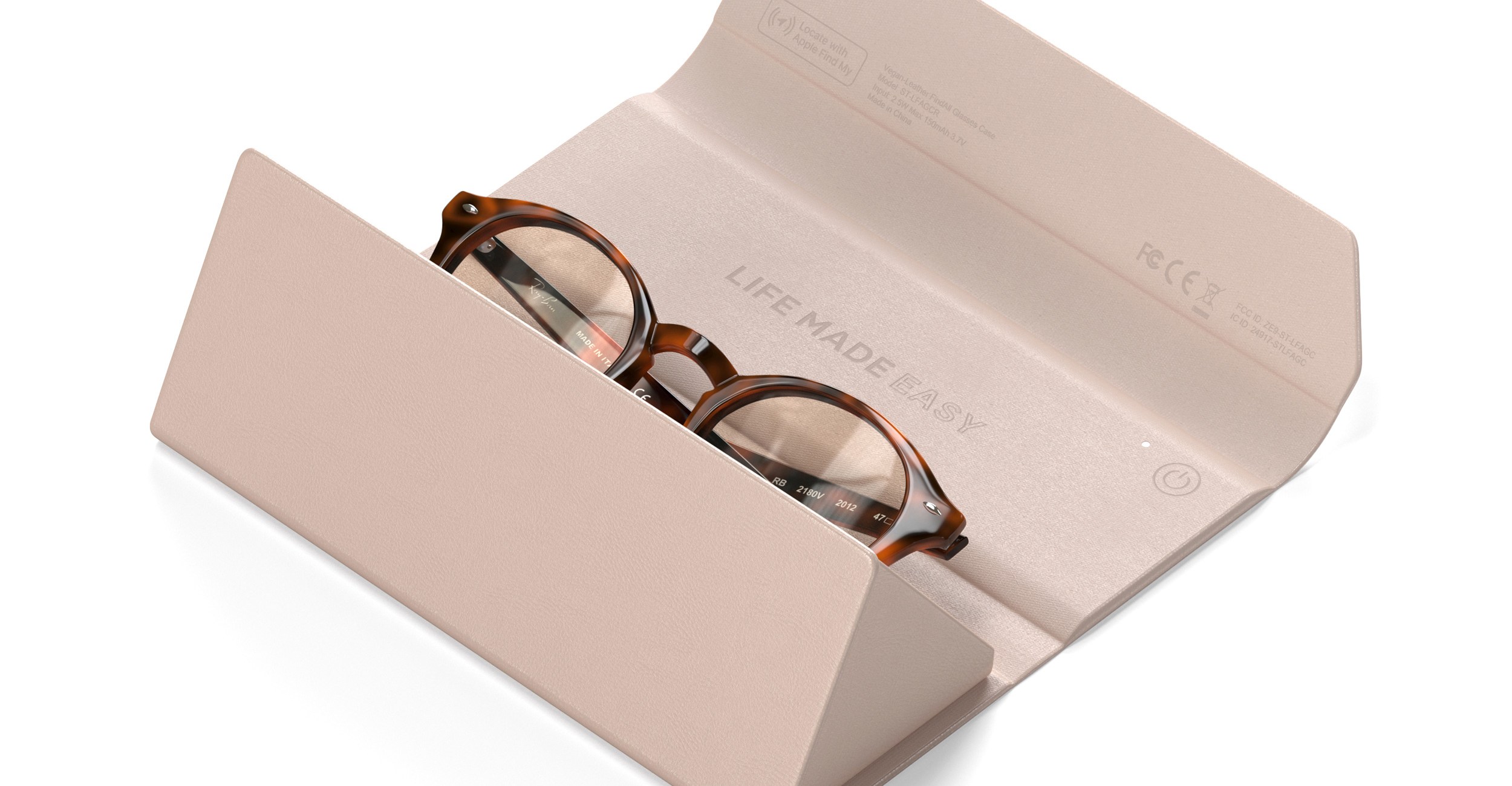A pair of glasses half inserted into Satechi’s FindAll glasses case.