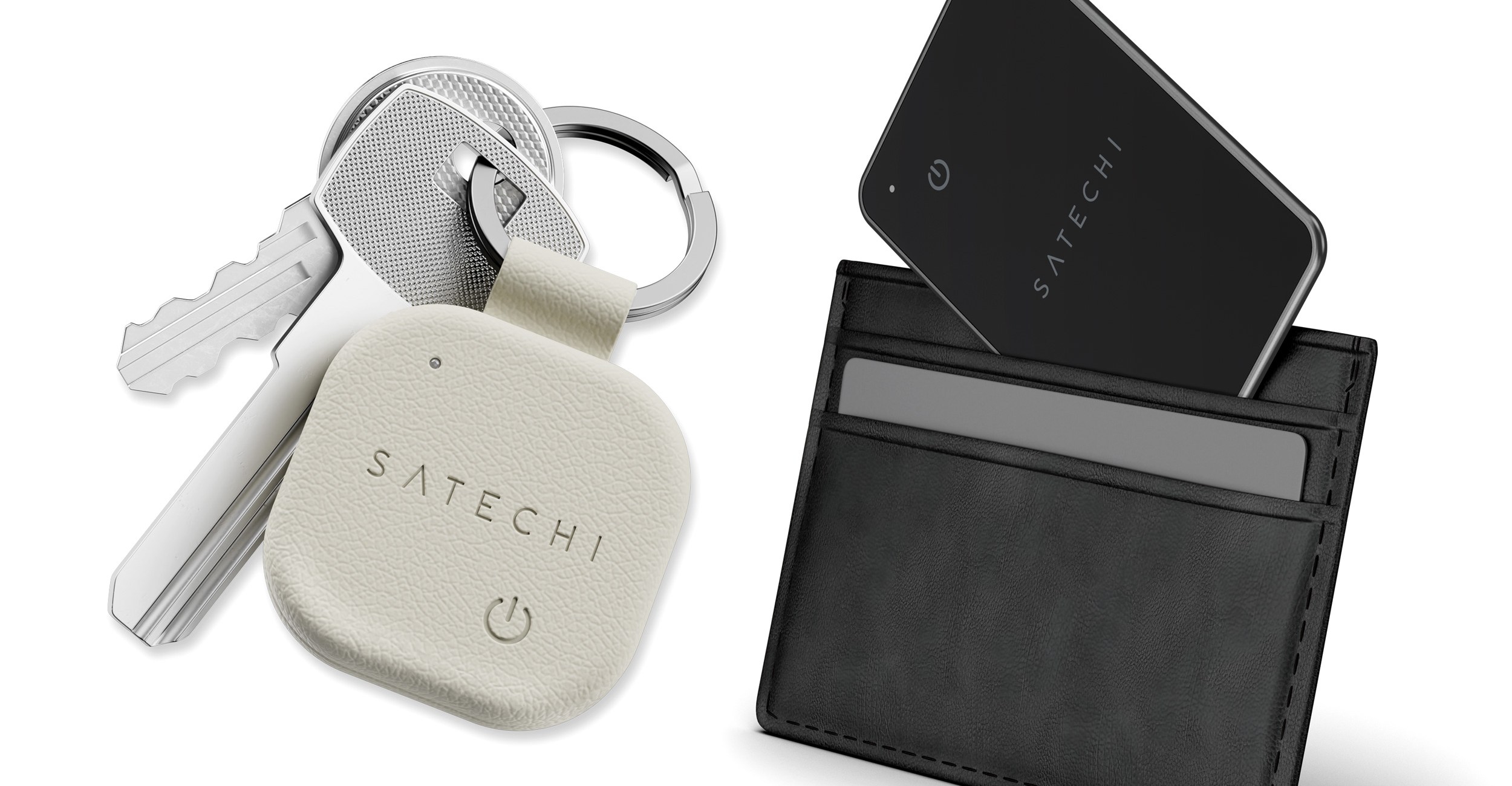 Satechi’s FindAll keychain attached to keys next to its credit-card sized tracker being inserted into a wallet.