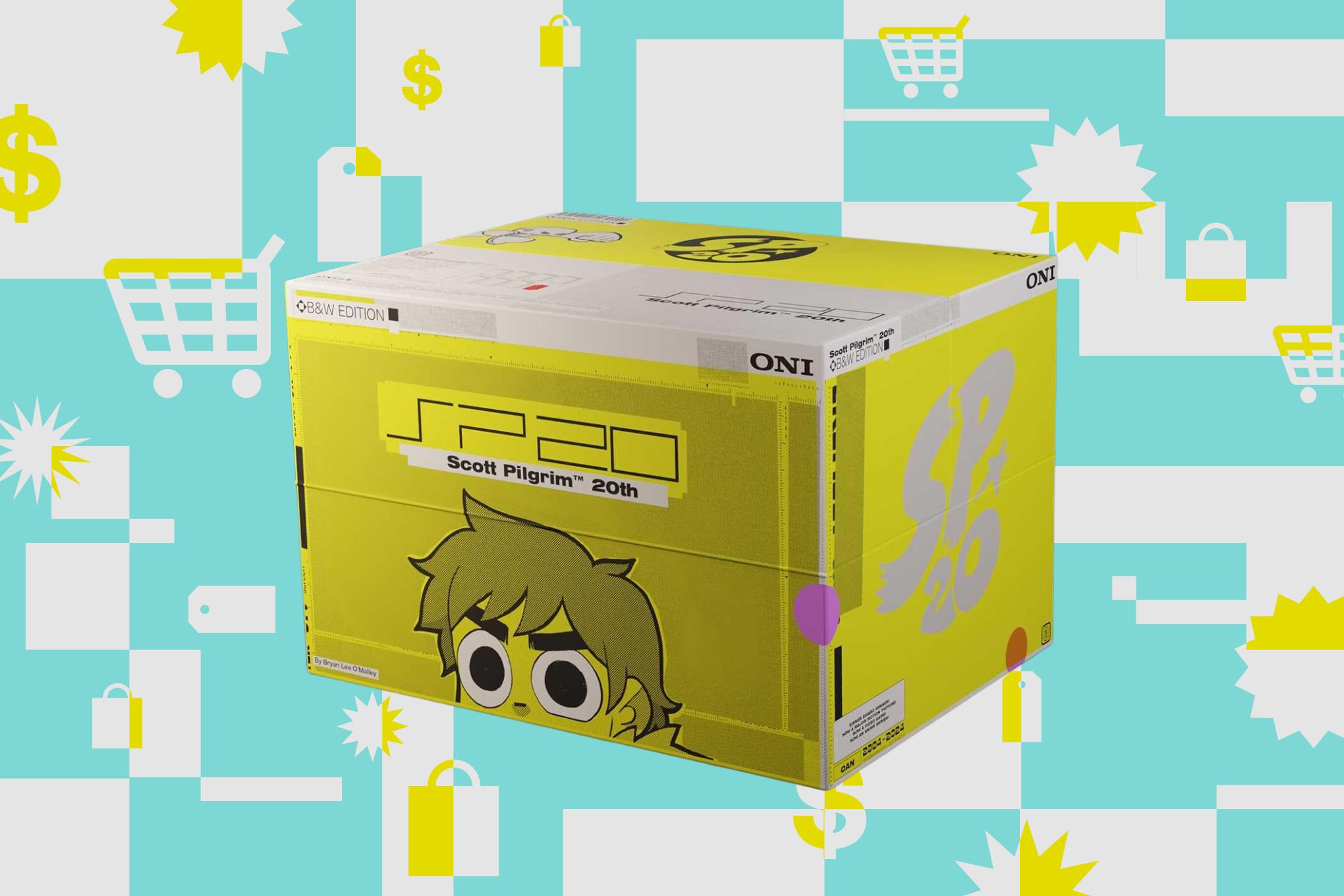 An image of the 20th anniversary box set of Scott Pilgrim graphic novels on top of a colored background.