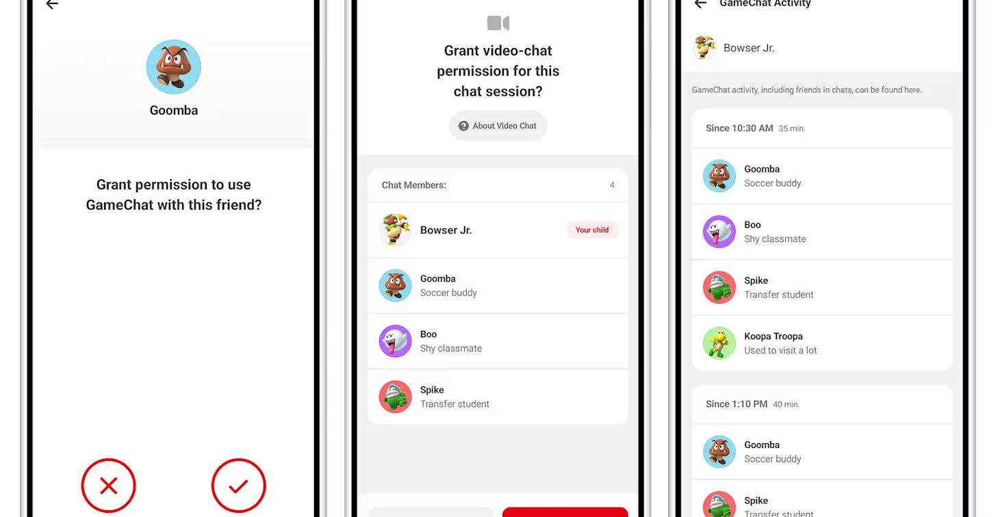 Several in-app screenshots showing the GameChat controls in Nintendo’s Parental Controls mobile app.