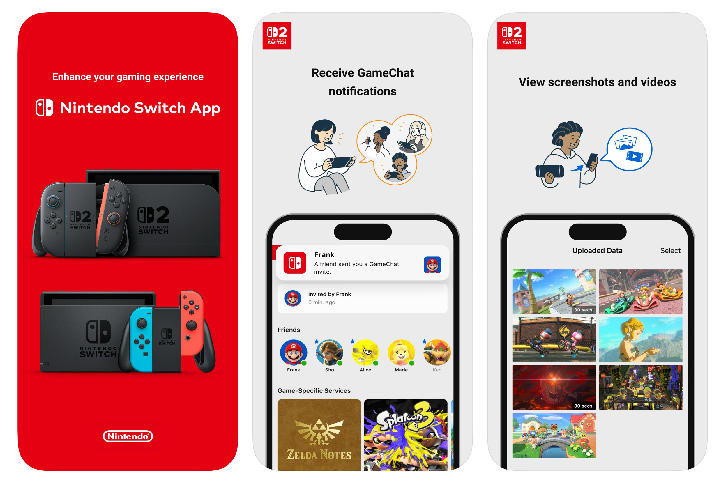 Several screenshots showing recent updates to the Nintendo Switch App.