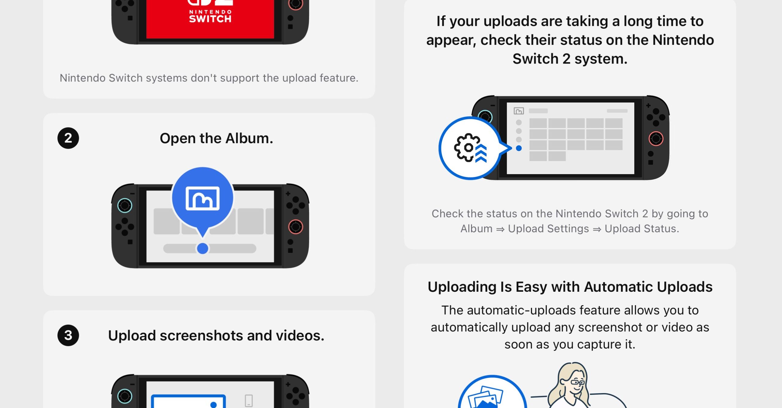 Screenshots showing how the Nintendo Switch App’s screenshot uploads function. Screenshots showing how the Nintendo Switch App’s screenshot uploads function.