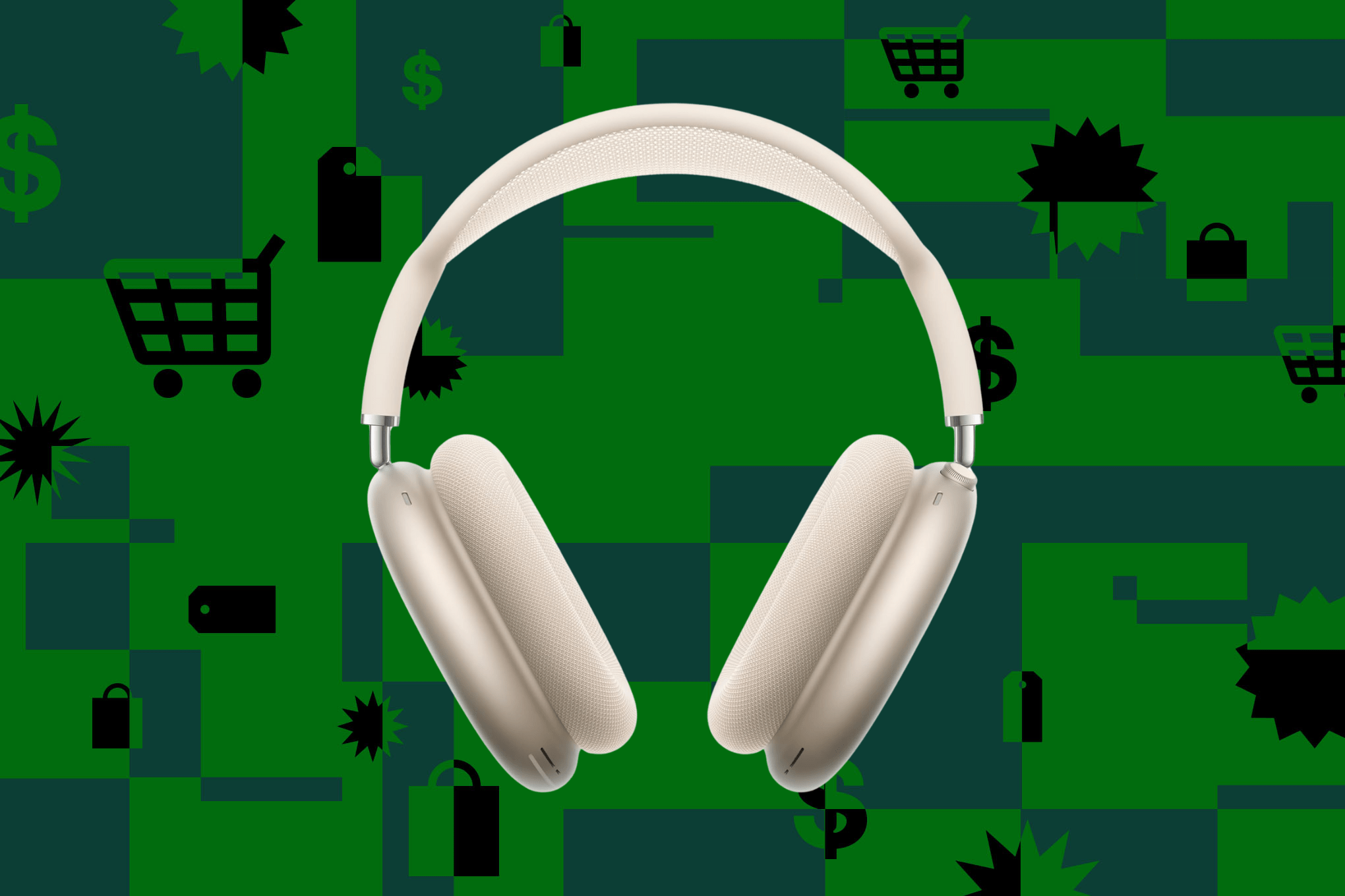 The AirPods Max against a green background.