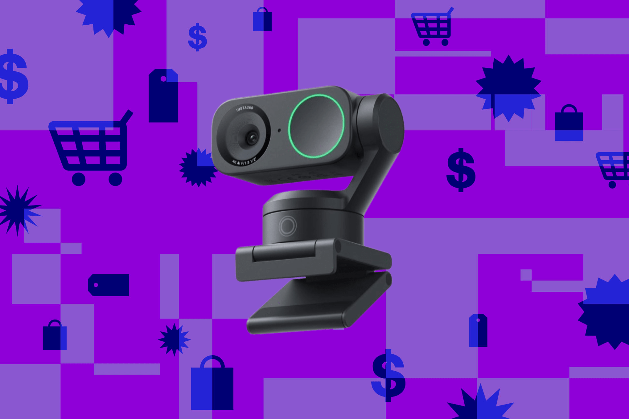 The Insta360 Link 2 against a purple background.