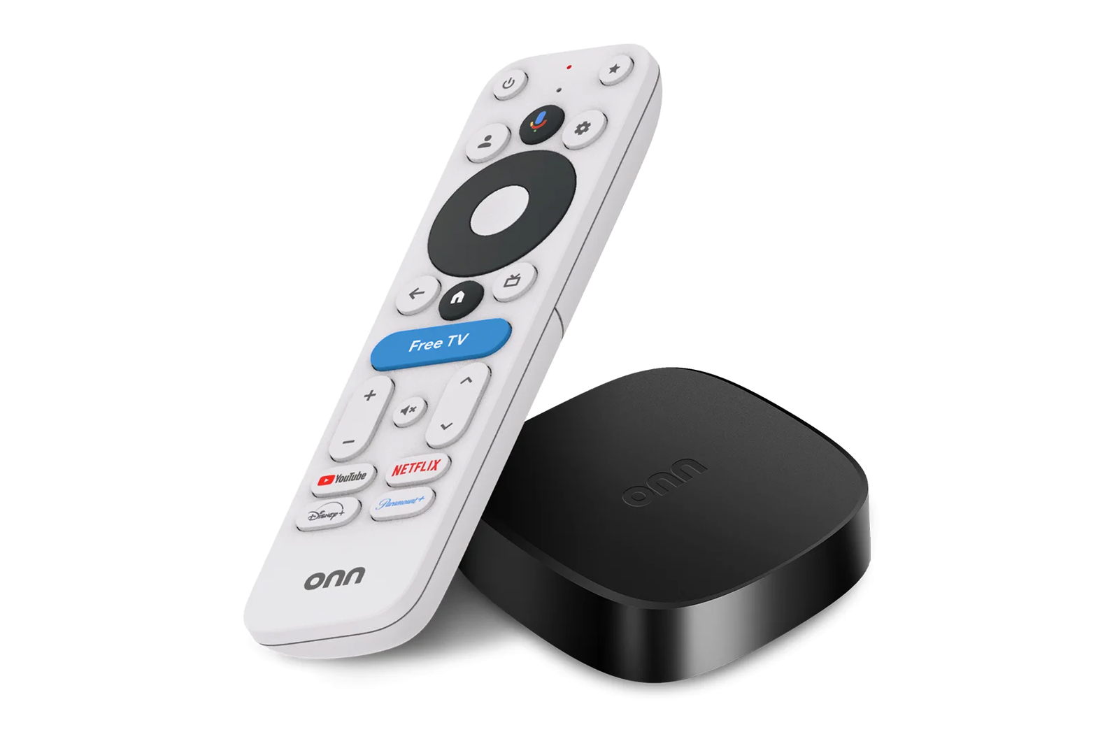 Walmart’s Onn 4K Plus Google TV streaming box with its included remote against a white background.