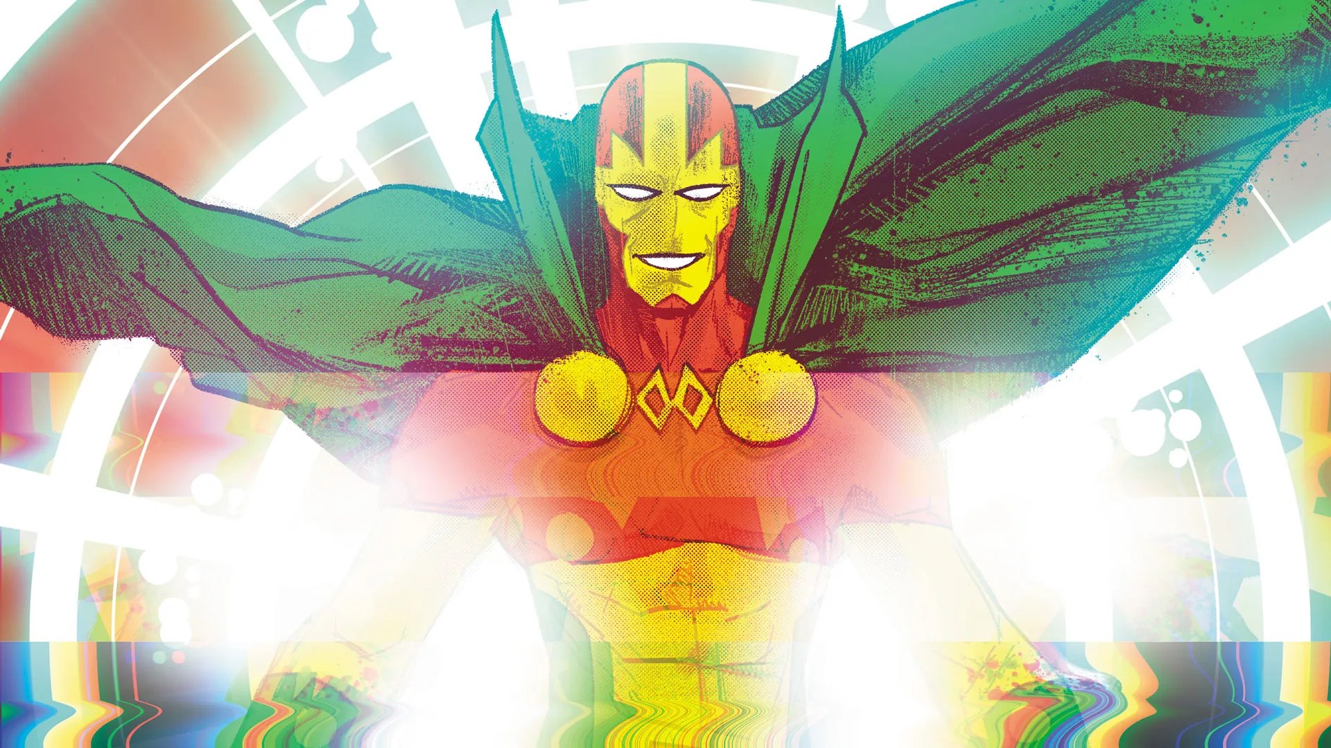 A man in a red and yellow superhero costume wearing a green cape.