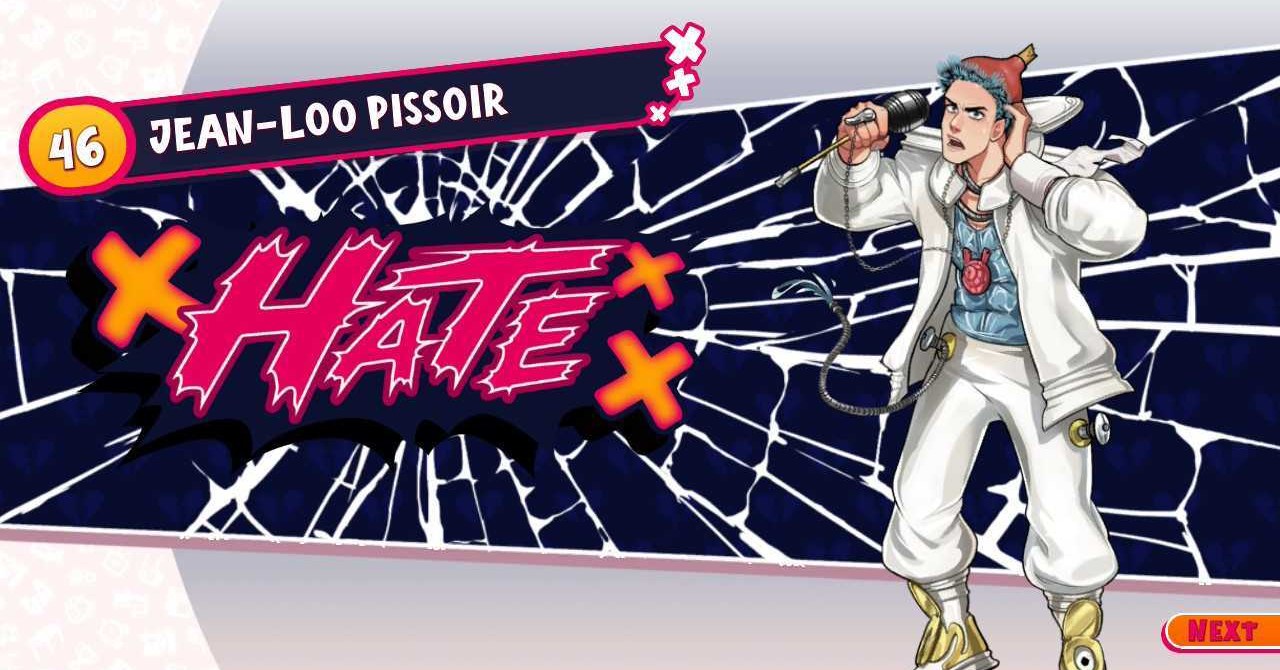 Screenshot from Date Everything featuring an anthropomorphized toilet named Jean-Loo Pissoir with the word HATE in big letters next to Jean-Loo.