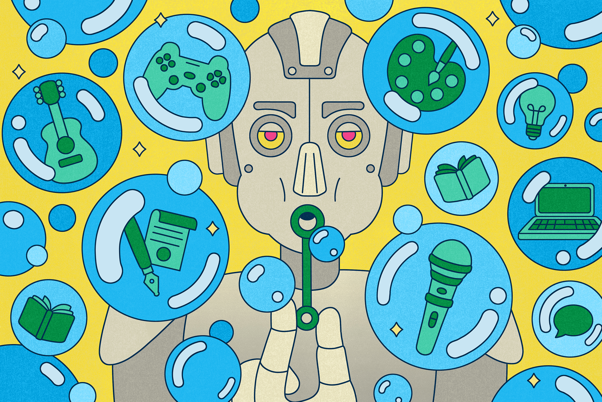 A robot blowing bubbles filled with icons of art, literature, and other human creative practices.