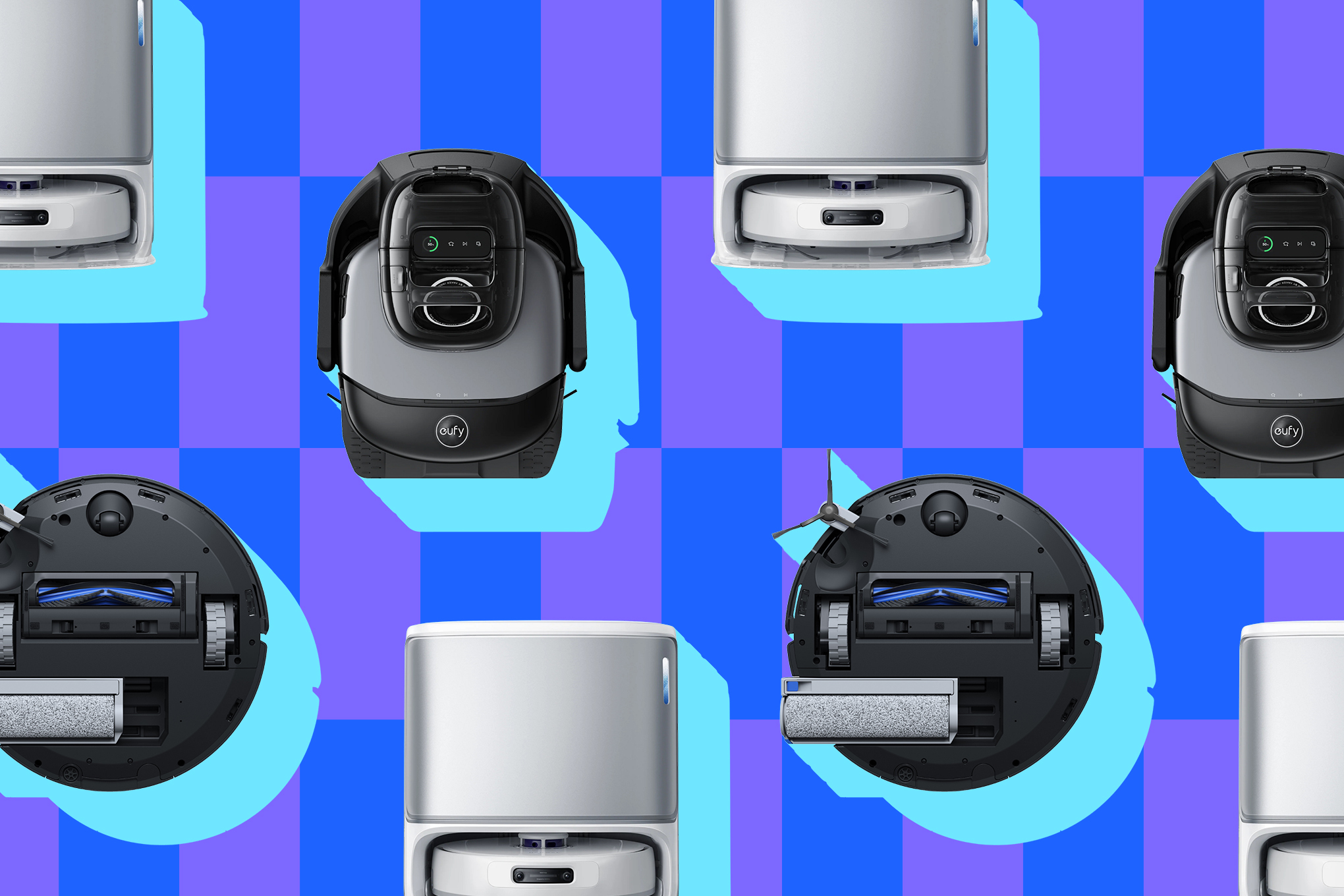 An illustration showing several robot vacuum and mops on a blue and purple background.