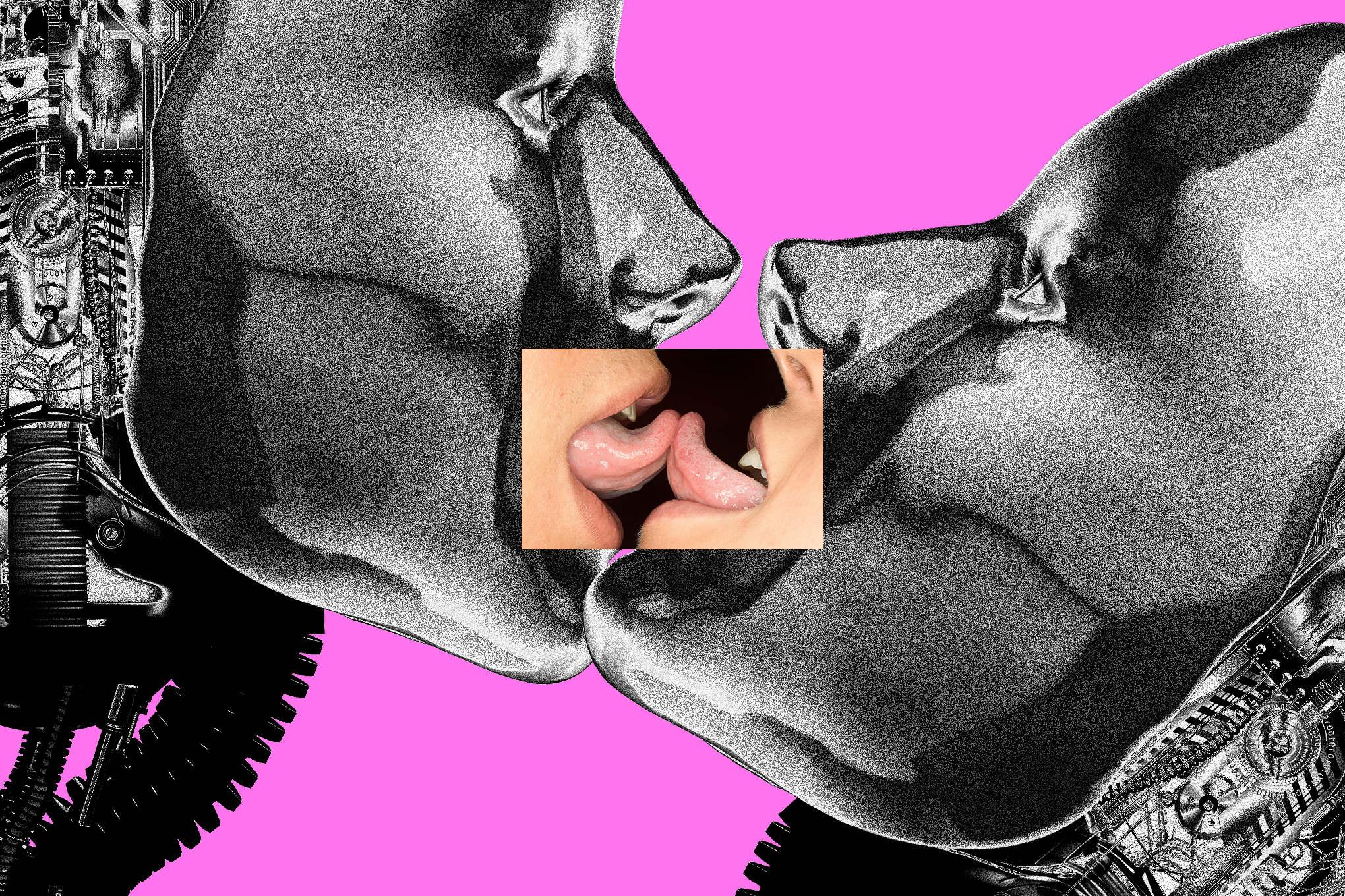 Illustration of two silver robots kissing but where their mouths meet is a creepy photo of tongues touching.