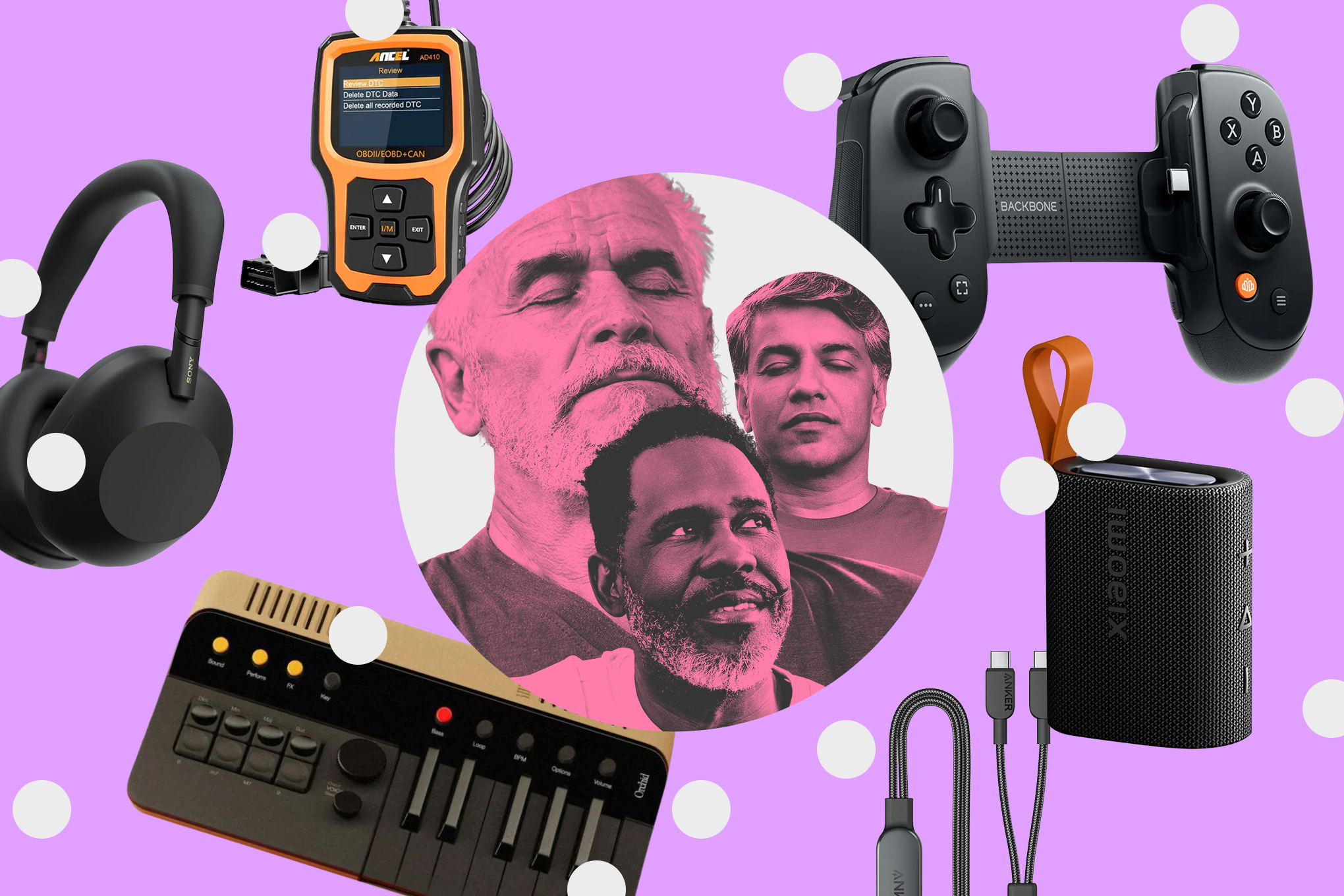 An image compilation showing various tech products scattered around with images of dads having a moment of bliss and relaxation.