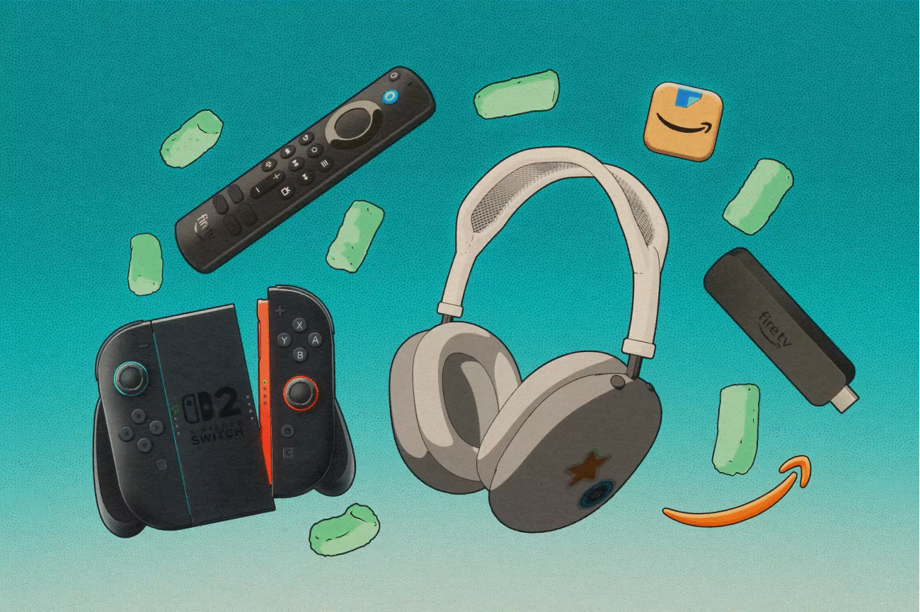 Apple AirPods Max spinning next to a Nintendo Switch 2 controller and Fire TV remote and Fire TV Stick.
