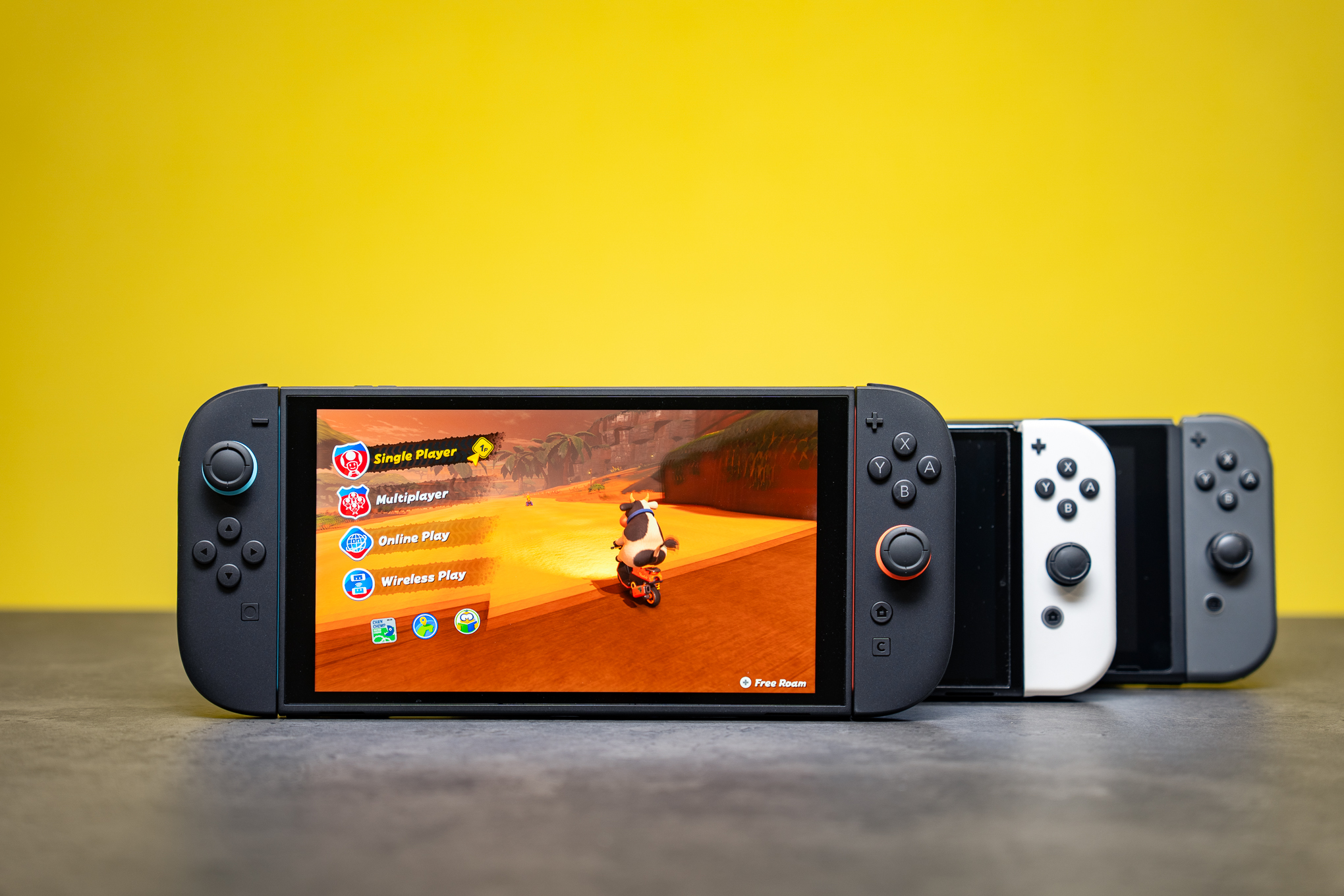 The Switch 2 pictured alongside original Switch models.