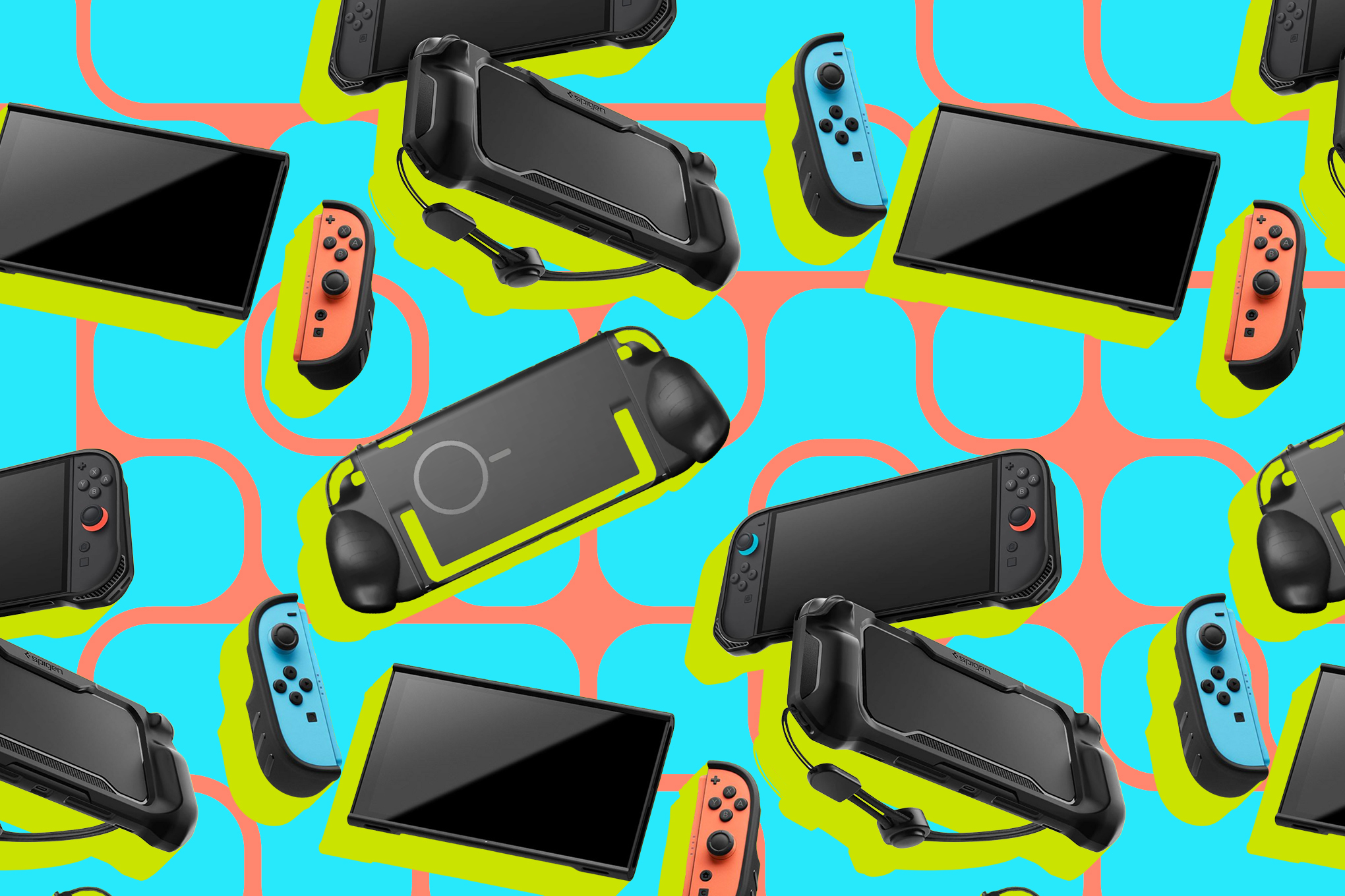 An image showing the Nintendo Switch 2 in the Dbrand Killswitch case, the Genki Attack Vector, and Spigen’s Rugged Armor.