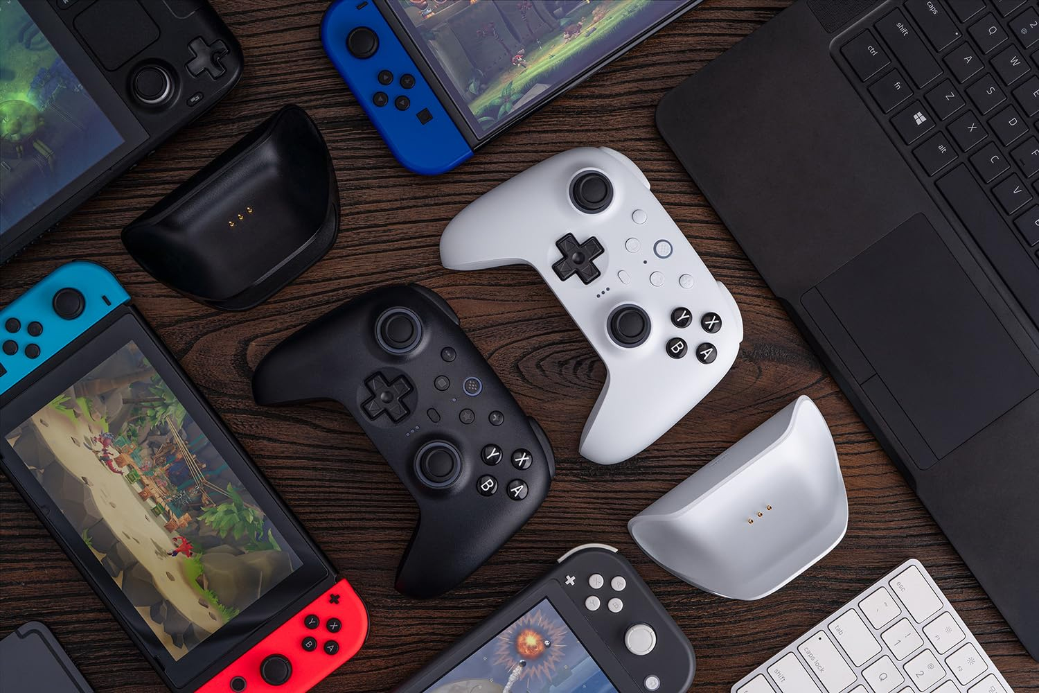 The 8BitDo Ultimate 2 Bluetooth Controller surrounded by various devices, including the Nintendo Switch and a laptop.