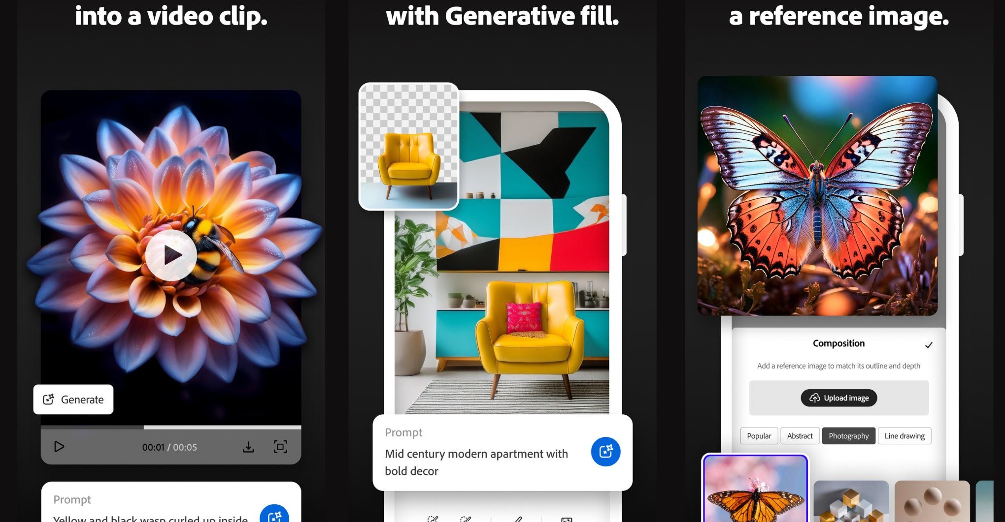 Three examples of the tools available on Adobe’s Firefly mobile app.