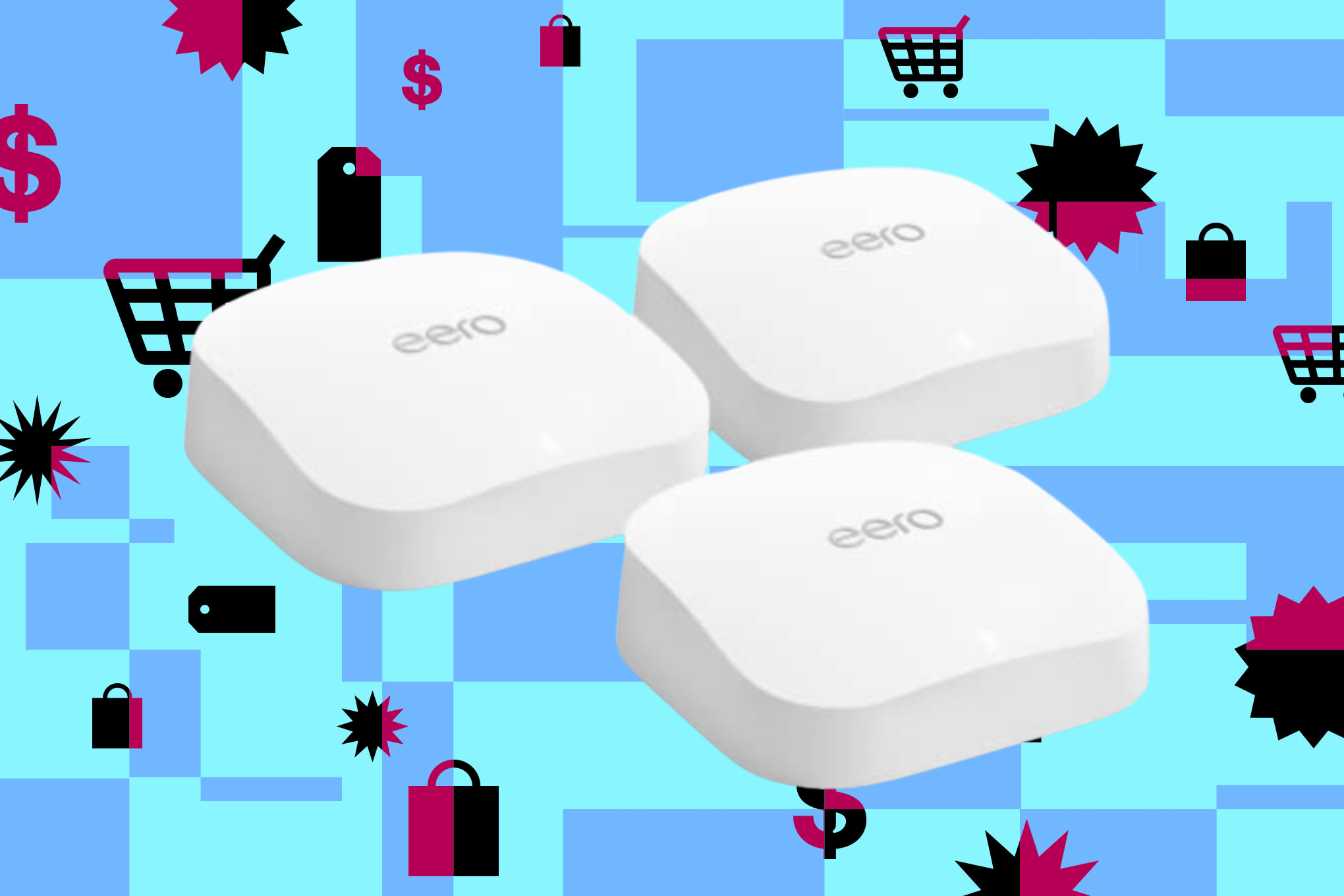 An image of a three-pack of Eero routers on top of an abstract blue and red background.