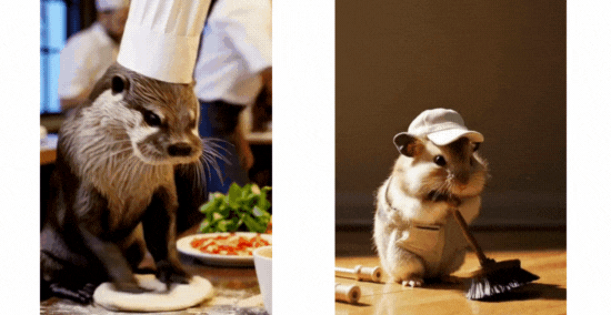Two AI-generated video clips of an otter chef and a hamster using a broom.