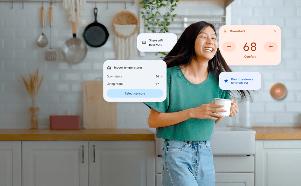 An image showing a woman holding a coffee cup in a kitchen smiling as phone widgets showing room temperature and other smart home info float around her.