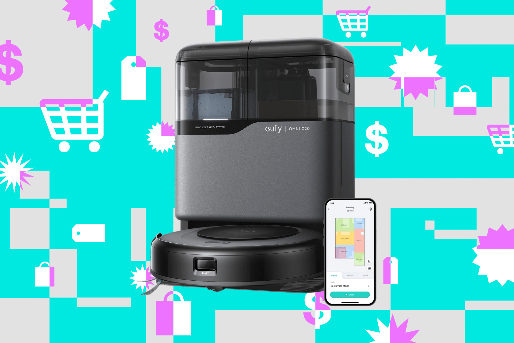 Eufy Omni C20 robot vacuum docked in its all-in-one station, with a smartphone showing room mapping features.