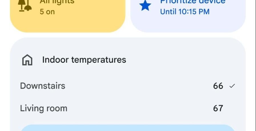 An image showing the Google Home app screen, revealing controls for several smart home devices ranging from lights to thermostats.