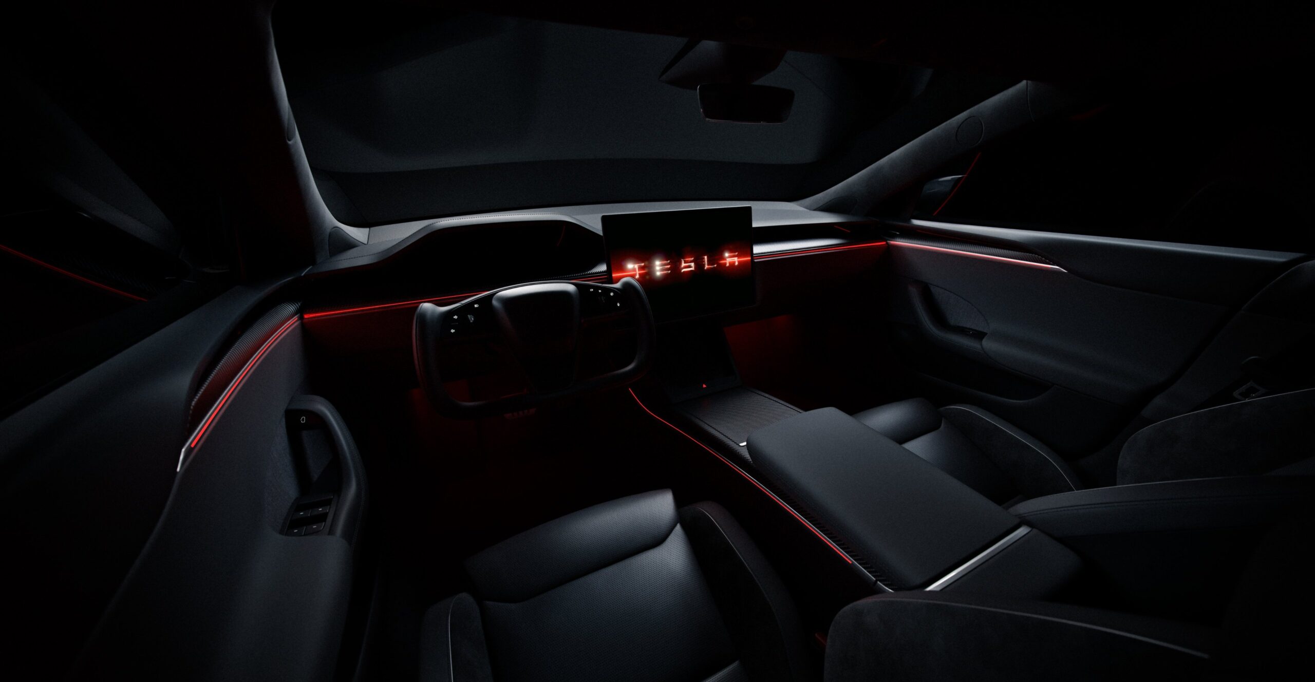 An image showing the in-cabin LED lighting for the 2025 Tesla Model S.