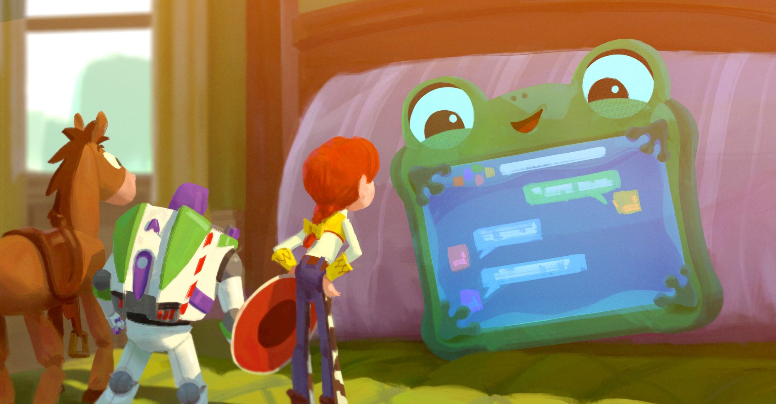 An illustration of a toy horse, astronaut, and cowgirl speaking with a frog-themed tablet on a child’s bed.