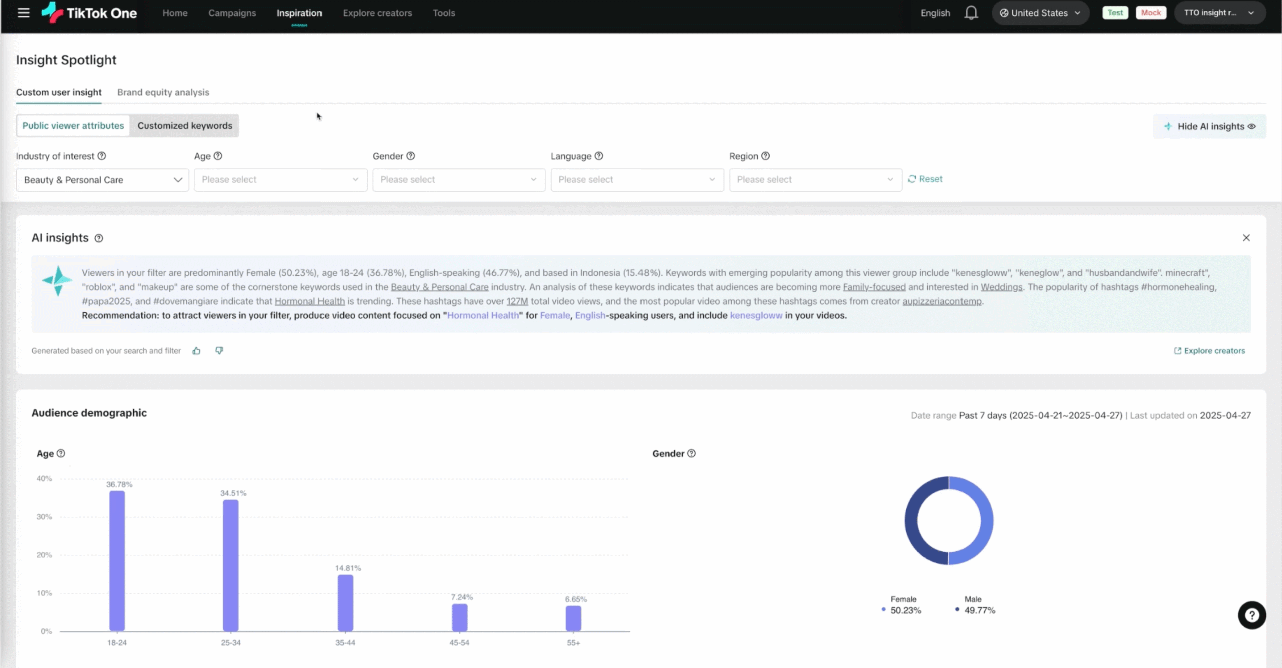 TikTok Insight Spotlight page showing AI-generated analysis of what users are watching, broken out by demographic.